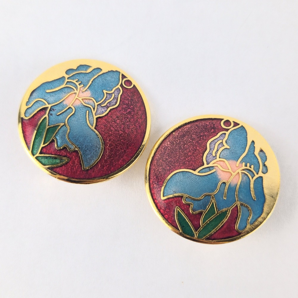 Vintage Cloisonné Iris Flower Clip‎ On Earrings Red Blue Gold Tone Enamel Floral